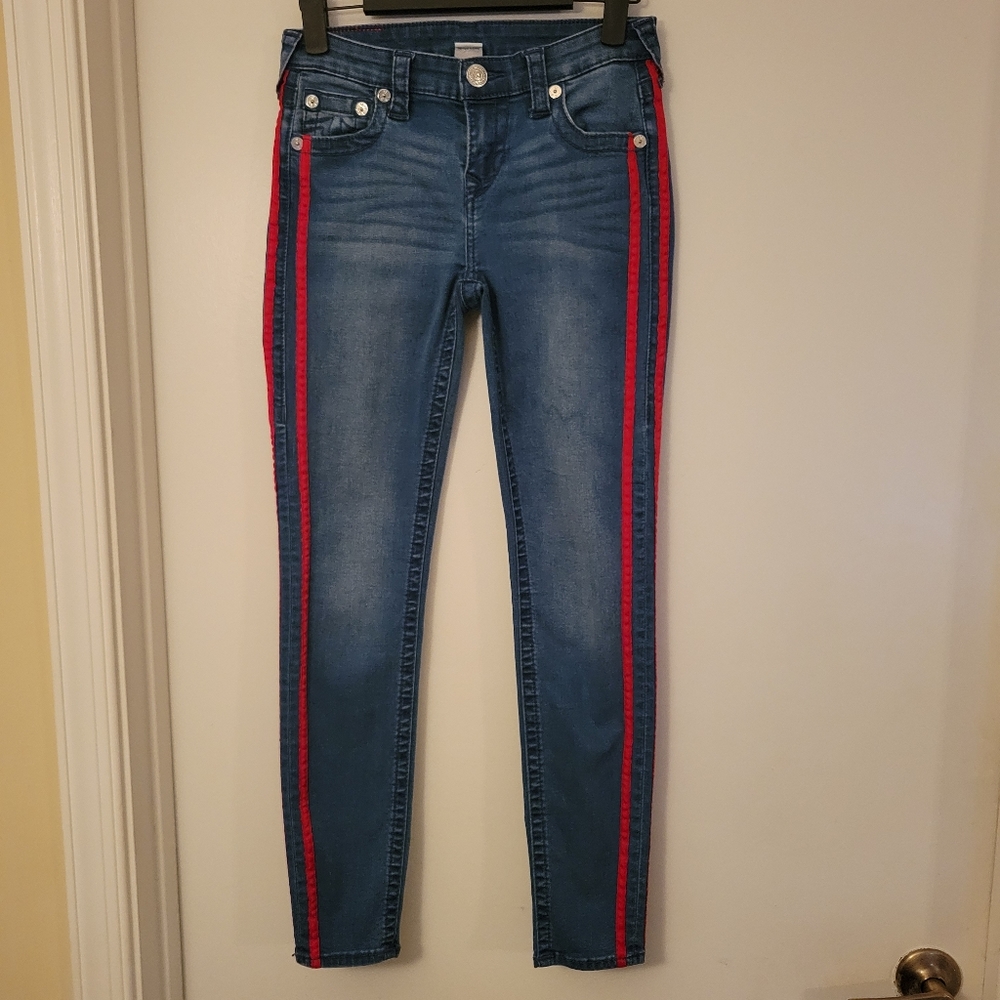 True Religion Ankle Super Skinny Red Tape Jeans, Size 26
